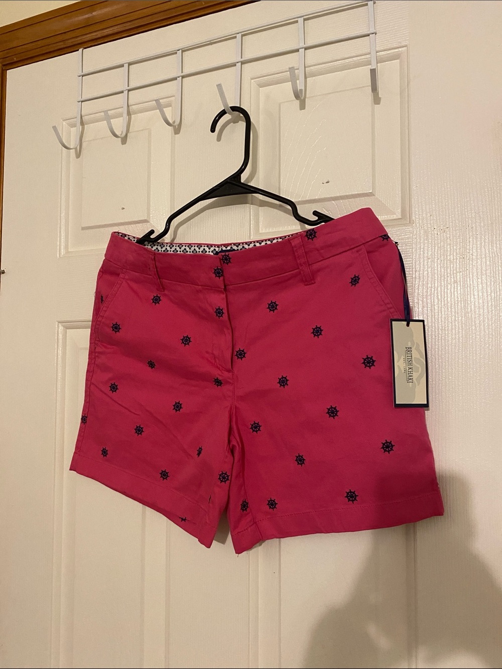 British Khaki Pink Shorts with Navy Embroidery